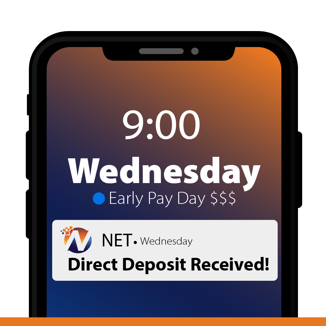 illustration of a cell phone receiving a NET Early Direct Deposit Notification